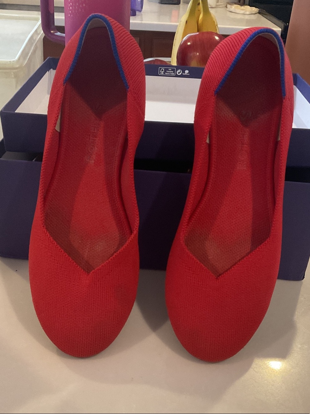 Rothy's Red Knit Ballet Flats with Blue Trim